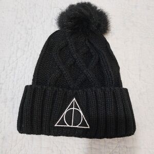 Kids Black Knit Pom Beanie with White Triangle Emblem